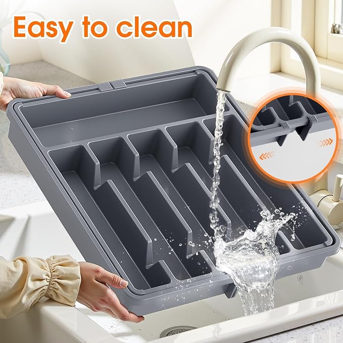SpaceHacks Silverware Organizer,Adjustable & Expandable Drawer Organizer | Utensil Drawer Organizer, BPA Free Utensil Holder, Cutlery Tray for Forks, Spoons, Knives in Kitchen, Large, Grey