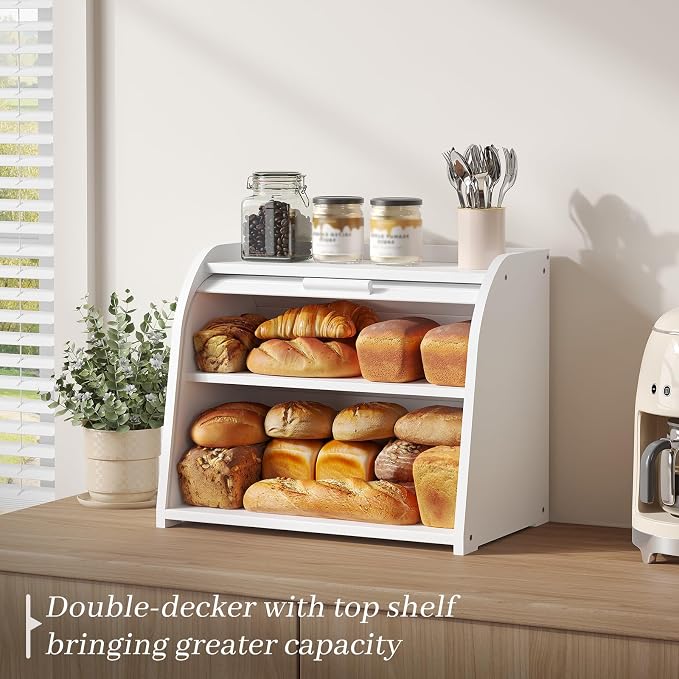 Kitsanery Bread Box for Kitchen Countertop, Bamboo Bread Storage, Double-Layer Roll-Top Bread Container, Farmhouse Bread Holder for Homemade Bread (White, double layer)