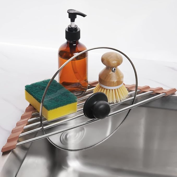 Tomorotec Triangle Roll-Up Dish Drying Rack for Sink Corner Small Foldable Stainless Steel Over The Sink Multipurpose Kitchen Drainer Caddy Trivet Rustproof Storage Shelf (Chocolate Brown) | BPA-Free Food-Grade Silicone Edges Foldable Waterproof Rustpr...