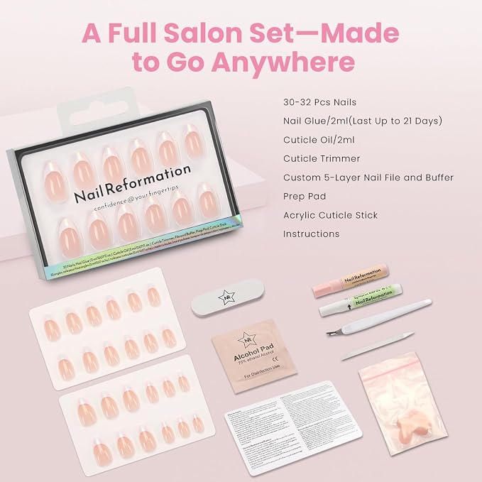 Nail Reformation Press On Nails, Mirror Effect | Short Almond Fake Nails | White French Tip on Pink Gradient Metallic Base, Reusable Stick On Nails in 16 Sizes - 32 False Nail Kit for Women Gifts