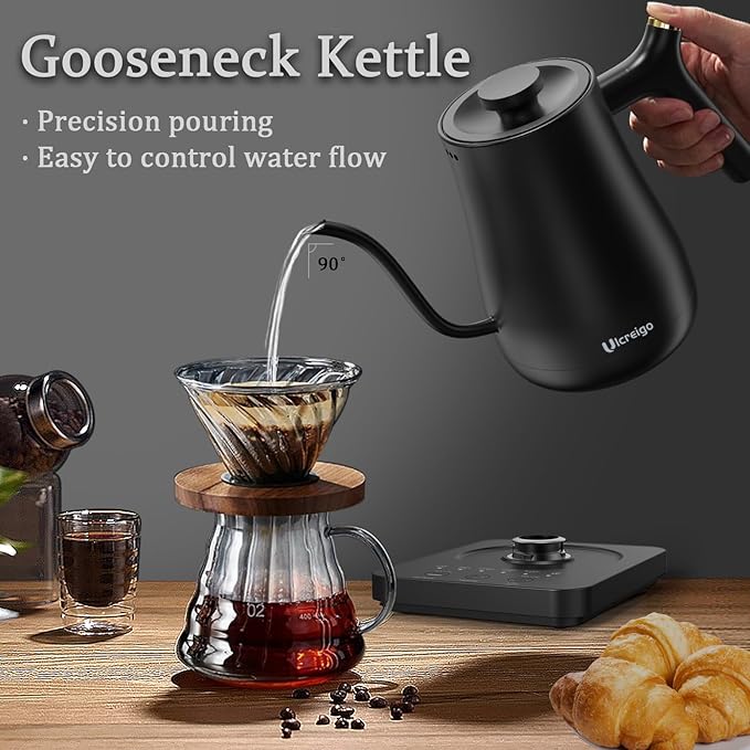 Gooseneck Electric Kettle,Ulcreigo Electric Kettle Temperature Control Tea Kettles for Boiling Water with 5 Variable Presets,Hot Water Boiler Heater for Coffee,304 Stainless Steel Black Color