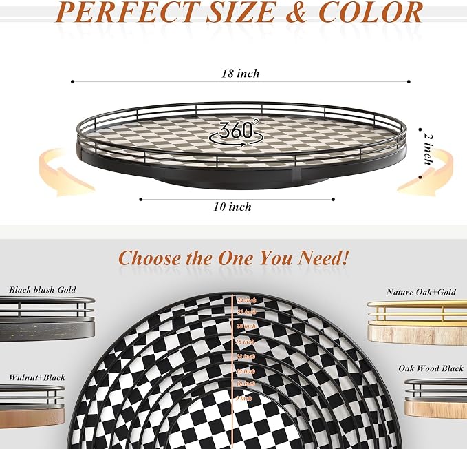 AMH18-Inch Black and White Checkerboard Lazy Susan Decorative Tray | Smooth rotating oak tray with walnut finish for dining tables, kitchen counters, pantries and cabinet storage.