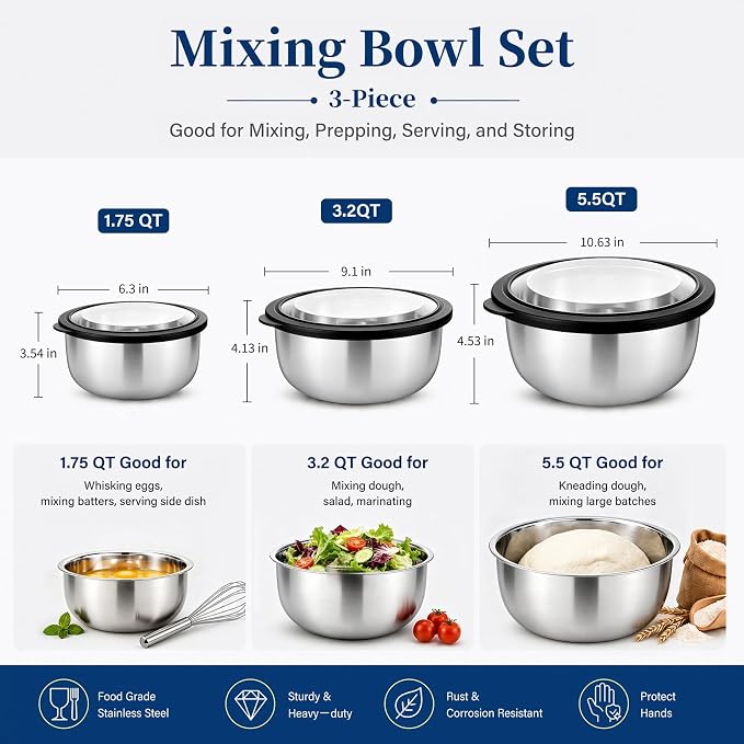 P&P CHEF Mixing Bowls with Lids Set of 3, Black Stainless Steel Salad Bowl | Nesting Bowls For Baking Cooking Serving Prepping, Wide Bowl & Airtight Lid, Size 1.75, 3.2, 5.5 Qt, Oven & Dishwasher Safe