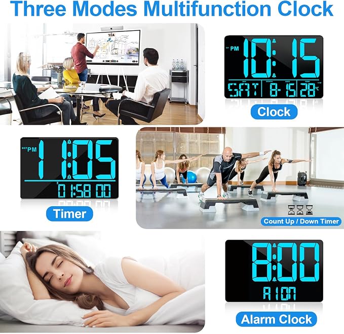 PERSUPER 13" Digital Wall Clock Large Display with Remote, Temp & Timer | Auto Dimming, 12/24H, DST, Calendar, 25 Ringtones, for Living Room, Bedroom, Office & Elderly - Blue
