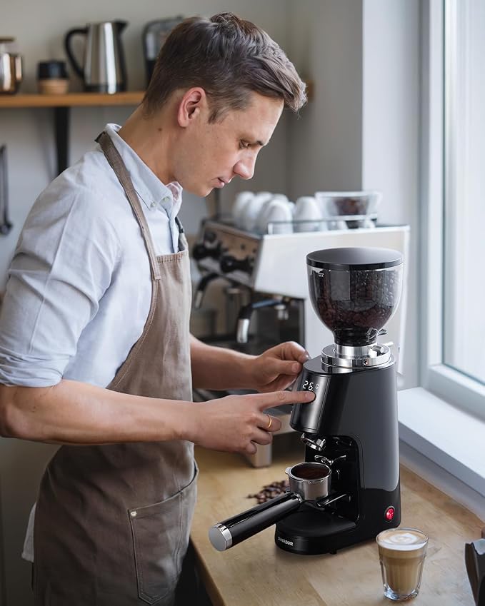 SHARDOR 64mm Flat Burr Coffee Grinder, 100 Settings, Anti-Static, Black | Electric Bean Grinding, All-Metal Chamber, Portafilter Holder,Precision Timer, LED Display, 260W, Silicone Bellows, 120V Only
