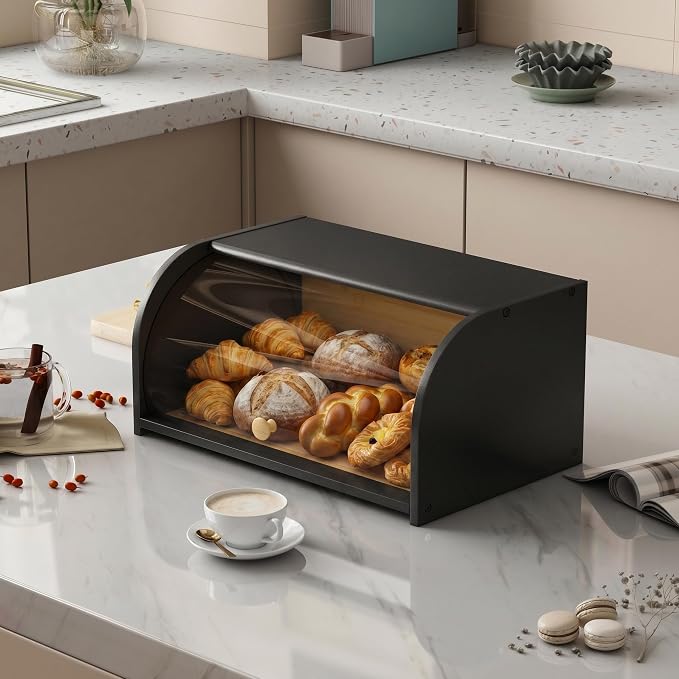 Roll Top Bread Box for Kitchen Countertop with Clear Lid | Natural bamboo, clear roll-top lid. Airtight small breadbox. Fits homemade loaves, bagels, pastries. Easy assembly.