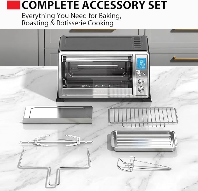 TOSHIBA 10-in-1 Convection Toaster Oven, 6-Slice Countertop Oven, 1500W | Bake, Broil, Rotisserie & Pizza Functions, LCD Knob Controls, 6 Accessories, with Toast, 1500W, Stainless Steel