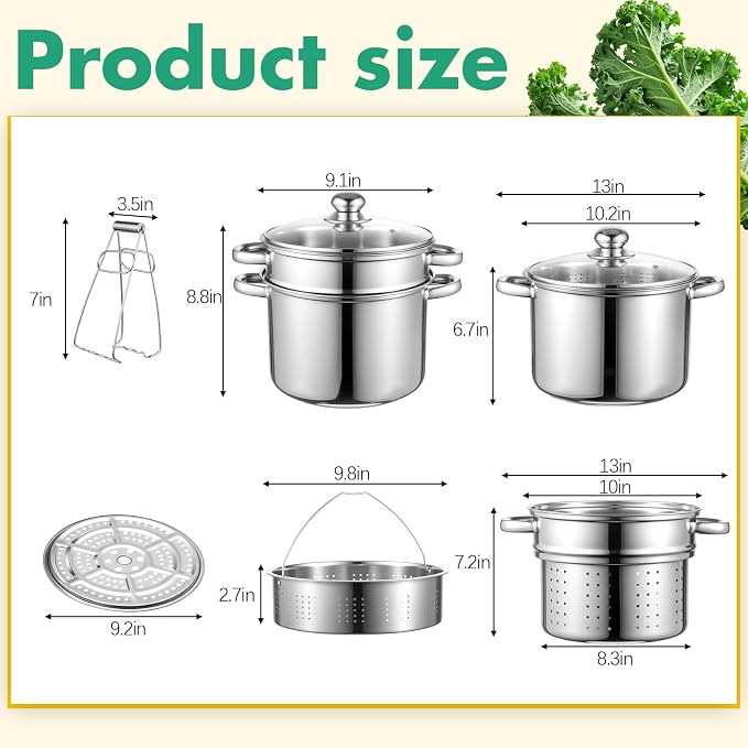 Sawysine Stainless Steel Pasta Pot 6-Piece 10 Quart Cooker Steamer Stock Pot Cookware Set Multipots with Strainer Insert for Home Kitchen