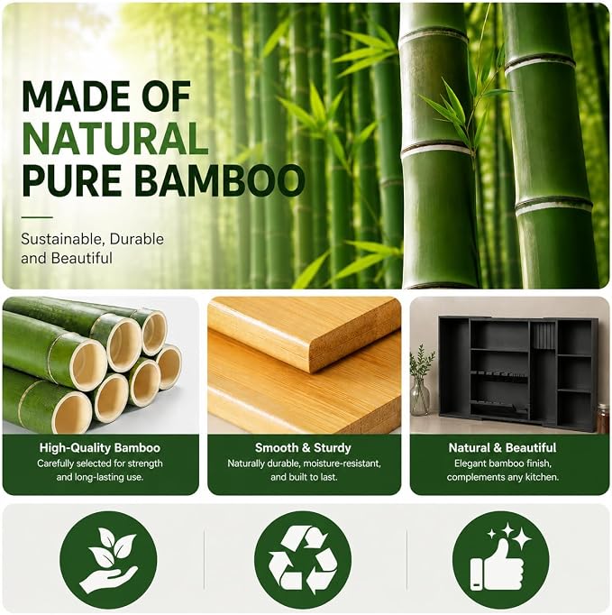 Bamboo Expandable Kitchen Drawer Organizer, 17.7-29.5 in,Black | 5-8 detachable slots, equipped with dedicated tool slots for butter knives, storing tableware and saving space