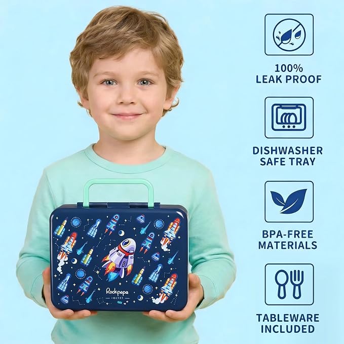 rockpapa Chill Bento Box for Kids- Large 5.5 Cups Lunch Box with Ice Pack - 5 Compartments, BPA-Free, Leak Proof, with Utensils & Portable Handle, Microwave/Dishwasher Safe (Blue Rocket)