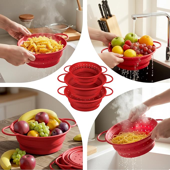 3 Pack Collapsible Colander with Strainer Bowl Set,Red | 11 & 13 In Silicone Colanders for Kitchen, Heat-Resistant Strainer Dishwasher Safe Baskets for Vegetable Fruits
