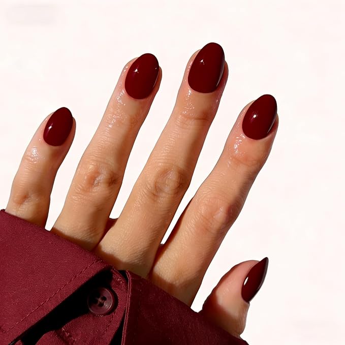 Dark Red Short Press On Nails, Oval Fake Nails with Nail Glue | Short Oval Fake Nails, Apply Protective UV coating,Salon Quality Nails in 12 Sizes - 24 Nail Kit with Glue