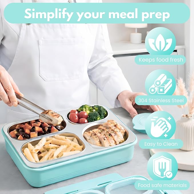 Homaze Kids Adults Stainless Steel Bento Box, 4-Compartment Metal Lunch Box