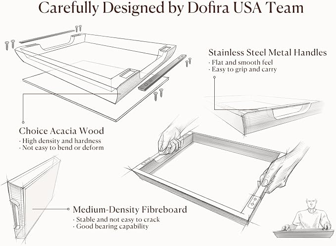 Acacia Wood Serving Tray with Metal Handles, 17x13in Large Ottoman Tray, Food Drinks Tray for Coffee Table, Breakfast, Dinner & Bar, Rustic Decorative Tray for Kitchen, Bedroom Gift Box | Perfect for Breakfast, Drinks, Decor, Appetizers and Snacks, Ide...