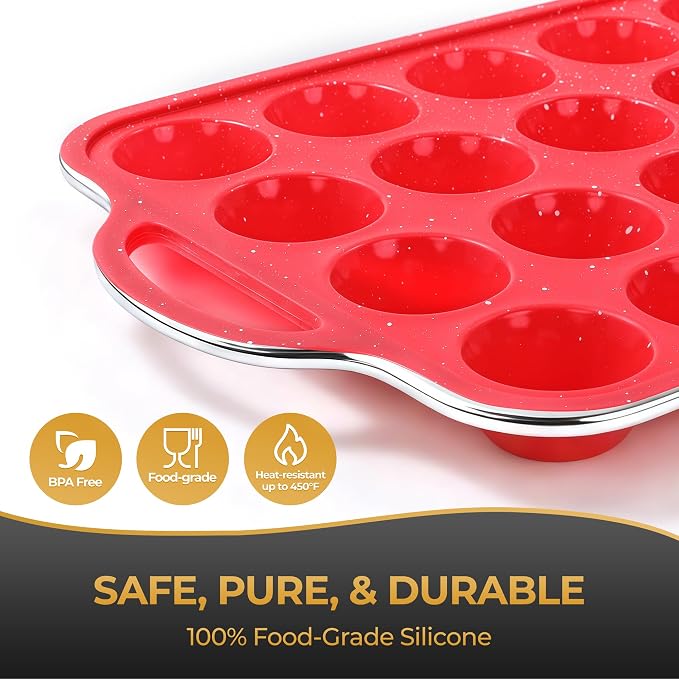 24-Cup Mini Silicone Muffin Pan with Reinforced Steel Frame,Red-Whitedot | Regular Size Cupcake Pan, BPA Free Silicone Muffin Tray, Reinforced Steel Frame for Stability, Easy Baking & Cleanup, 1Pk