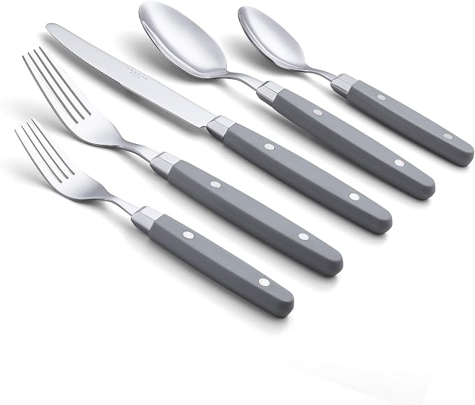 ANNOVA Silverware Set, Retro/Rivet Colorful Stainless Steel Tableware Kitchen Flatware Set Utensils, Includes Dinner Knives, Forks, Spoons, Salad Forks & Dessert Spoons (Gray, 20 Pieces)
