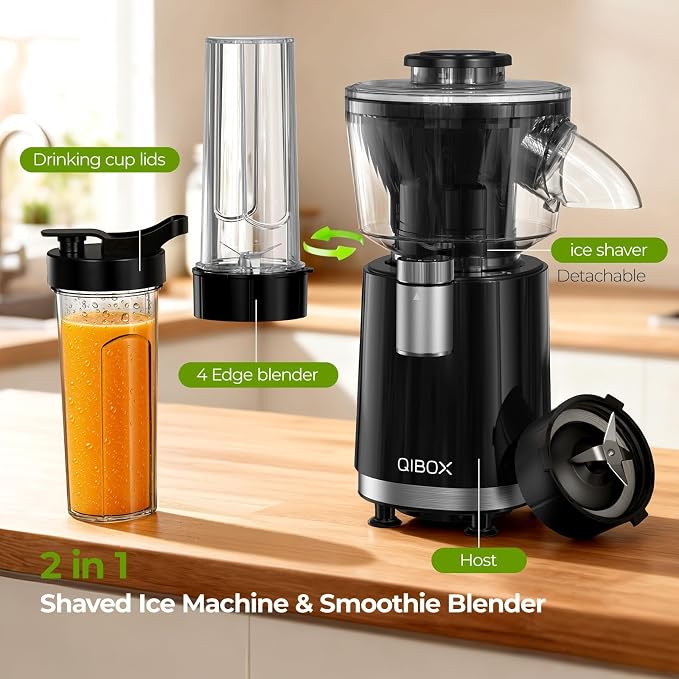 QIBOX 2-in-1 Snow Cone Machine & Smoothie Blender | 700W Electric Ice Shaver for Home Kitchen | Perfect for Kids' Birthday Parties, Summer BBQs & Daily Breakfast Smoothies