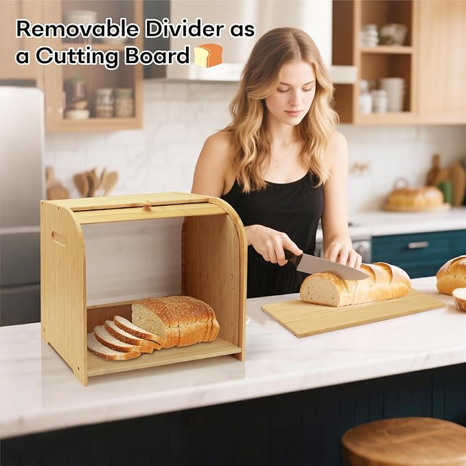 Bread Box for Kitchen Countertop, Double Layer Bamboo Bread Storage Container for Homemade Bread, Roll Top Bread Box with 3 Adjustable Height for Kitchen Counter, Natural Breadbox Organizer | 3 Adjustable Height, Large Capacity, Bamboo Bread Storage Co...