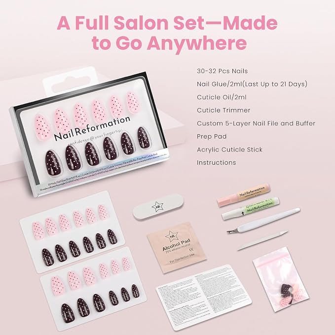 Nail Reformation Press On Nails, Double Dip | Polka Dot Short Almond 32 Pcs | 16 Sizes Fake Nails in Rich Brown and Creamy Pink with Glossy Finish, Reusable Stick On Nails, False Nail Kit for Women Gifts