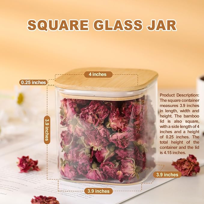 4-Pack Square Glass Containers with Bamboo Lids, 24oz | Airtight Canister Set, Glass Food Storage Jars with Lids for Candy, Coffee, Tea, Sugar, Flour, Cookies, Spices