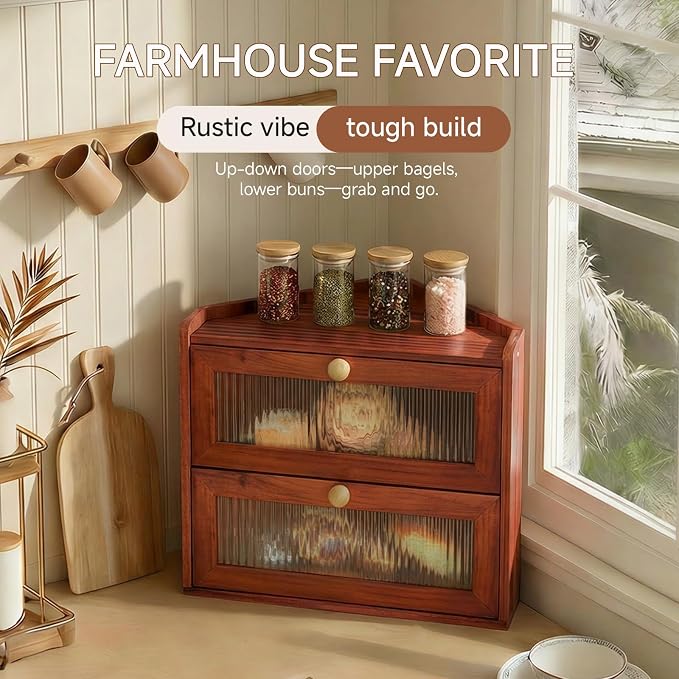 Corner Bread Box for Kitchen Countertop, Cherry-Toned 2-Tier Farmhouse | Ventilated Design Keeps Bread Crusty, Stores Fruit, Snacks & Spices, Corner-saving for Countertop, Counter Organizer