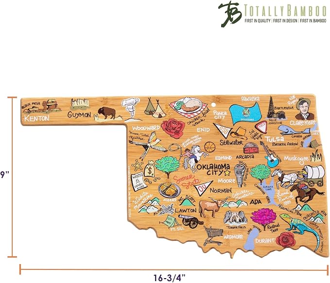 Totally Bamboo Oklahoma State Shaped Cutting Board, Art by Fish Kiss | State charcuterie board with colorful hand-drawn map artwork. Smooth reverse side for food prep. Hang tie for wall display.