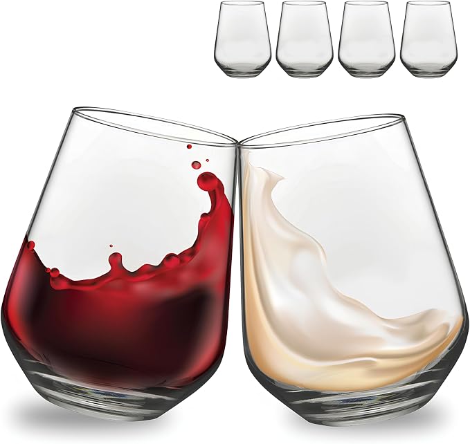 ums Stemless Wine Glasses Set of 6, 13 oz, Ideal for Cocktails, Red & White Wine and Scotch for Homes and Bars, Tumblers for Juice, Water Glasses, European Made 100% Lead-Free Strong Crystal Glasses
