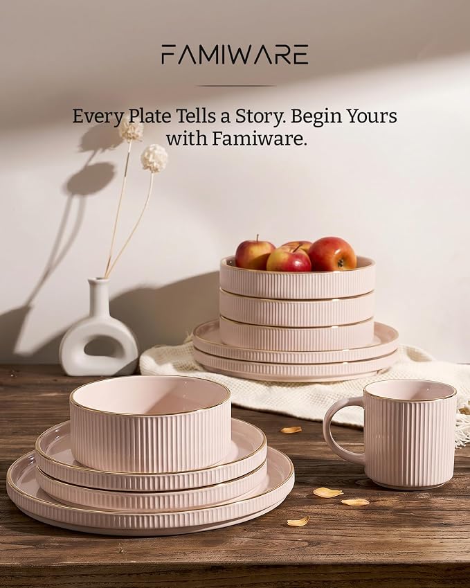 Famiware Stoneware Dinnerware Sets for 8, Rimmed Plates, Bowls, Pink Dishes | 24-Piece Chip & Scratch Resistant Ceramic, Microwave & Dishwasher Safe, Everyday & Formal Dining, Modern Rustic, Lipped Edges