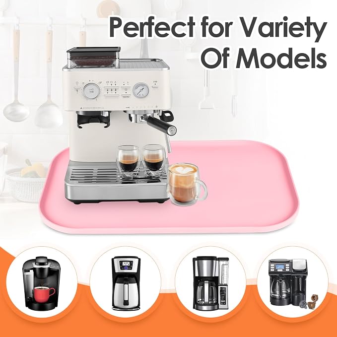Silicone Coffee Maker Mat with Lip for Countertops, 24'' x 16'', Pink | Multi leak-proof coffee tray for countertop, non-slip silicone mat fits most coffee makers & espresso machines, wipe-clean