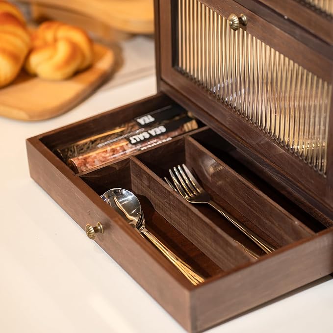 Wood Bread Box for Kitchen Countertop with Cutlery Drawer, Walnut | Solid Pine Wood, 2-Tier Large Capacity, Included 50 Deli Papers, Vintage Farmhouse Breadbox, Wooden Bread Storage Container