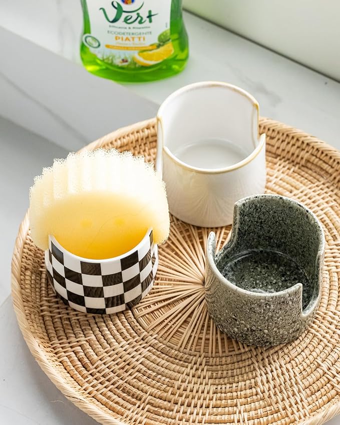 Zoeeker Sponge Holder for Kitchen Sink, Ceramic Dish Sponge Drying Caddy | Scrubby Daddy Kitchen Storage Organizer Cute Dish Brush Drying Rack for Sink Counter, Farmhouse Kitchen Decor, Beige White