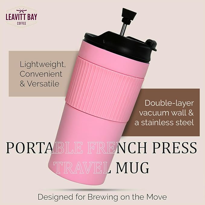 Pink Portable French Press Travel Mug & Coffee Maker | Leak-resistant lid Double-wall vacuum insulation ideal for camping & travel