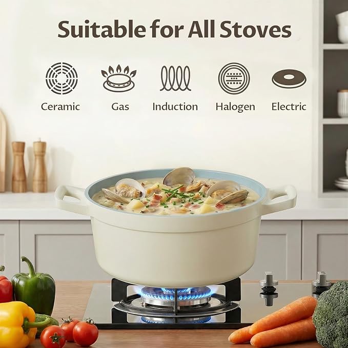 BEZIA 5.7 QT Lightweight Ceramic Nonstick Dutch Oven with Lid, Stock Pot | Versatile Cooking Pot for Soup, Family Stew & Braising, Oven Safe Casserole, Induction Ready, Easy to Clean, for 3-5 People