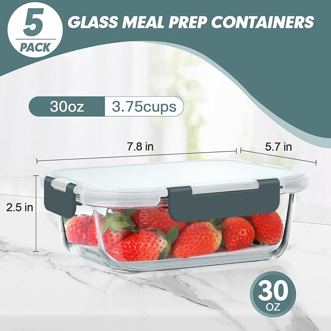 30 oz 5 Pack Glass Meal Prep Containers, Glass Storage Containers with Lids - Dishwahser, Microwave, Oven and Freezer Safe