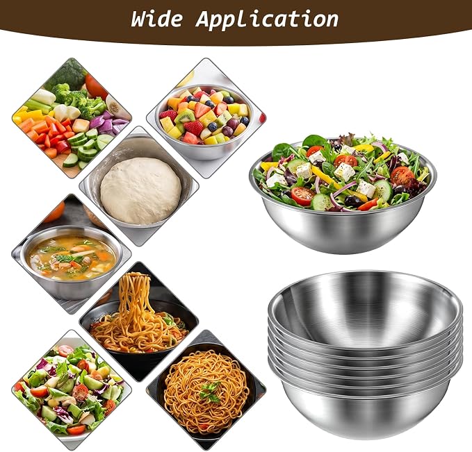 12 Pcs Stainless Steel Mixing Bowls with Graduations Metal Bowl Set Reusable Baking Food Storage Containers for Baking Cooking Salad Prep Storage Silver 9 x 3.5 Inch
