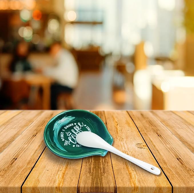 Littlefa Coffee Spoon Rest Holder-Coffee Bar Accessories-Blackish Green | Funny Ceramic Coffee Spoon Rest for Coffee Bar Accessories Essentials, Coffee Lovers Gifts, But First I Drink Sign