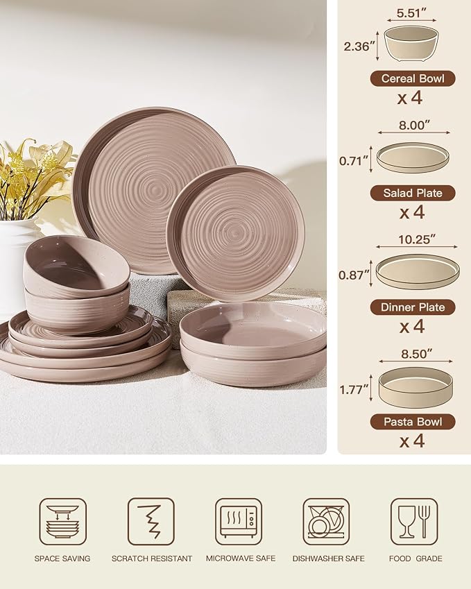 Stoneware Dinnerware Sets with Pasta Bowls, Service for 6 | 24-Piece Ceramic Plates and Bowls, Speckled Spiral Dishes, Chip & Scratch Resistant, Microwave & Dishwasher Safe, White Honey