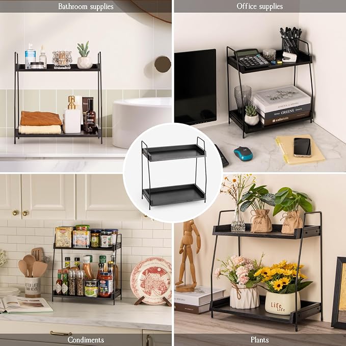 ANBOXIT 2-Tier Coffee Station Organizer, Wooden Kitchen Counter Shelf | for Coffee Bar Accessories, Condiment Storage Caddy for Kitchen, Home, Office - Black
