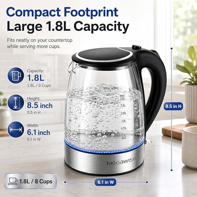 MEGAWISE Electric Kettle 1.8L, High Power Fast Boiling Hot Water Boiler, Auto Shut-Off, BPA-Free Food-Grade Material, Tea Kettle for Kitchen Home Office Coffee Tea