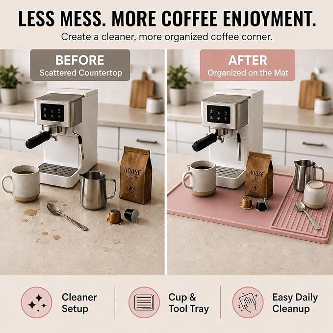Silicone Coffee Mat 24 x 16 in with Tray, Soft Light Pink | Coffee bar mat for countertop use, coffee station mat or coffee machine mat with removable tray and 0.47 in raised rim.