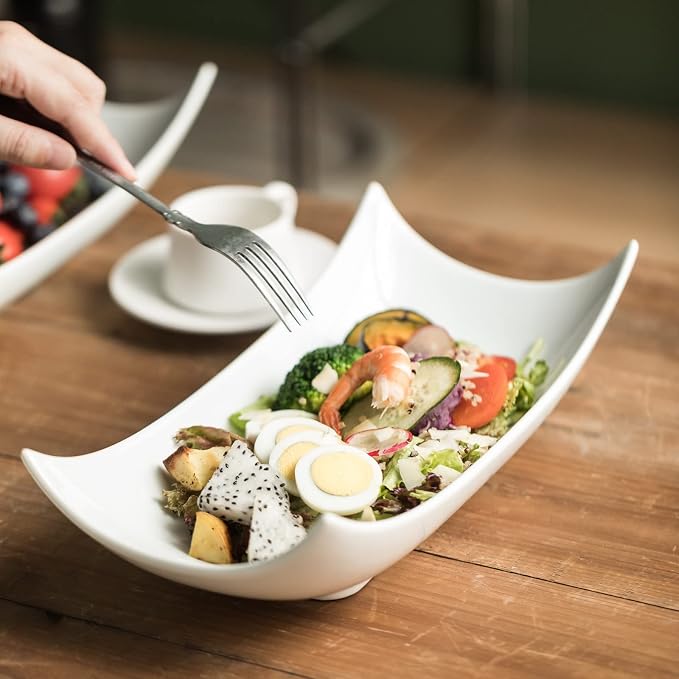 Gomakren 12 Inch White Porcelain Serving Platter Dishes Set of 3 Deep Bowl | Large capacity, heat resistant, curved anti-spill rims, stackable storage, for turkey salad Thanksgiving party entertaining