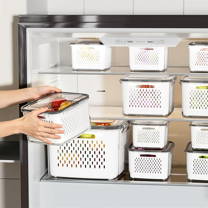 JOYZAN Fruit Storage Containers for Fridge with Airtight Lids 8 Pack | Airtight Food Storage Containers with Removable Colanders Fridge Organizers and Storage for Salad, Berry, Lettuce, Keeper