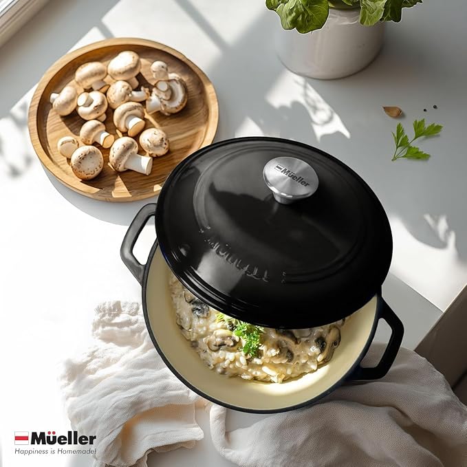 MUELLER HOME 4.5 QT Enameled Cast Iron Dutch Oven, Heavy-Duty Casserole Dish and Braiser Pan with Lid and Stainless Knob, Oven-Safe up to 500° F & Across All Cooktops, Black | Heavy-Duty Casserole Dish and Braiser Pan, Lid with Stainless Knob, Oven-Saf...