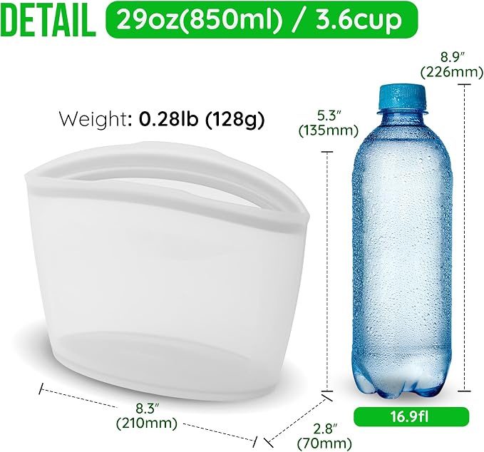 Reusable Silicone Sandwich Bag, 3.5 Cups, Food Storage Container, Made in Korea BPA-Free Platinum Silicone, Reusable Freezer Bag, Microwave Safe, Sous Vide, Lunch Baggies, 29oz, White | Reusable Zip Bag