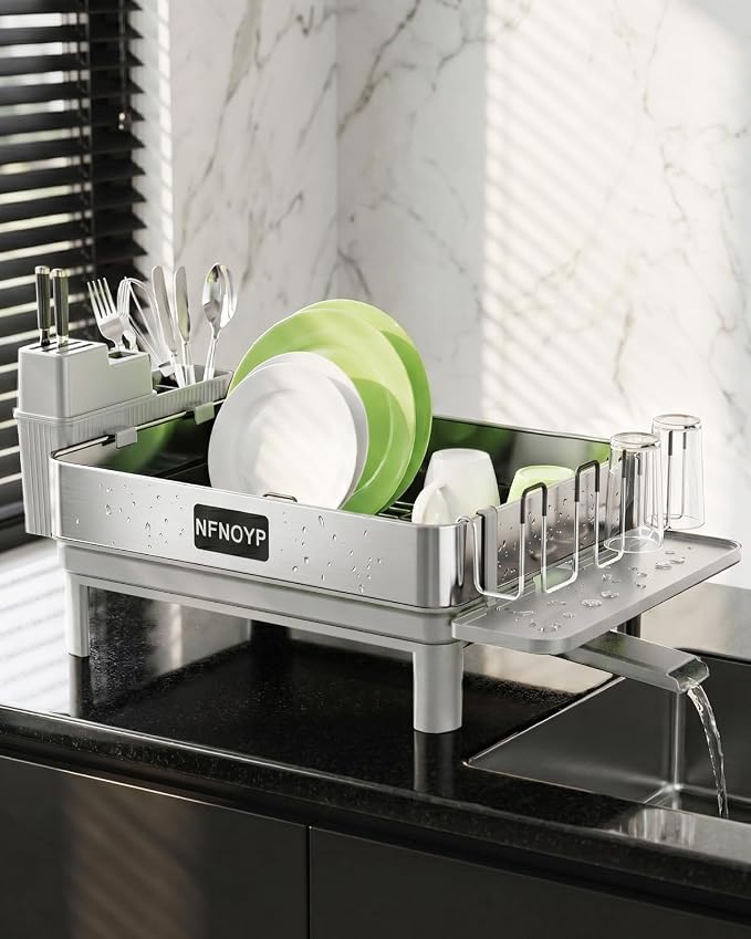 304 Stainless Steel Dish Drying Rack for Kitchen Counter, Grey | Large Capacity Rustproof Dish Rack with Auto Drain Spout, Removable Utensil & Cup Holders, Drainboard Set