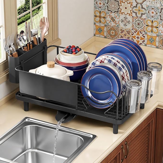 KINGRACK Dish Drying Rack for Kitchen Counter, Dish Drainer with Cup Holder | 16.9"L x 12.4" W Dish Rack with Spacious Drying Capacity, Quick Auto Dish Drainer for Plate Dish Dinnerware, Black