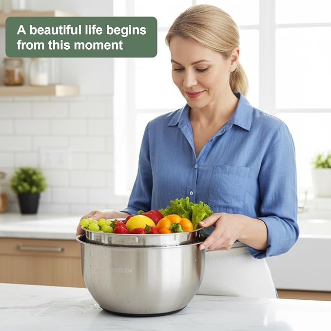 Stainless Steel Salad Spinner, Lettuce Spinner with Drain, fruit washer 6 QT with PP Cover Non-Slip Base, 3-in-1 Vegetable Wash Bowl for Dehydrating Lettuce, Fruits and Vegetables, Pasta