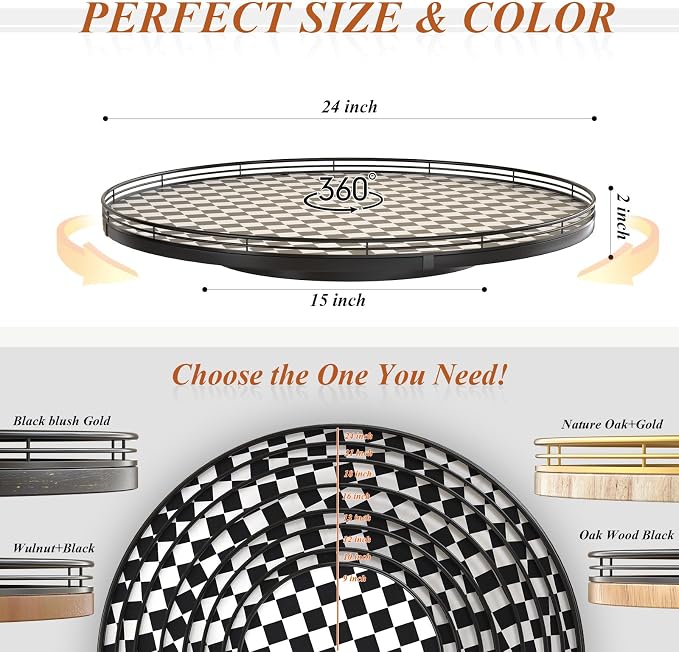 AMH 24-Inch Black and White Checkerboard Lazy Susan Decorative Tray | Smooth rotating oak tray with walnut finish for dining tables, kitchen counters, pantries and cabinet storage.