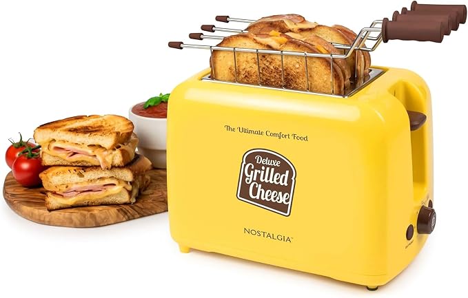 Nostalgia Deluxe Grilled Cheese Sandwich Toaster with Easy-Clean Toasting Baskets - Adjustable Toasting Dial and Extra Wide Slots - Yellow