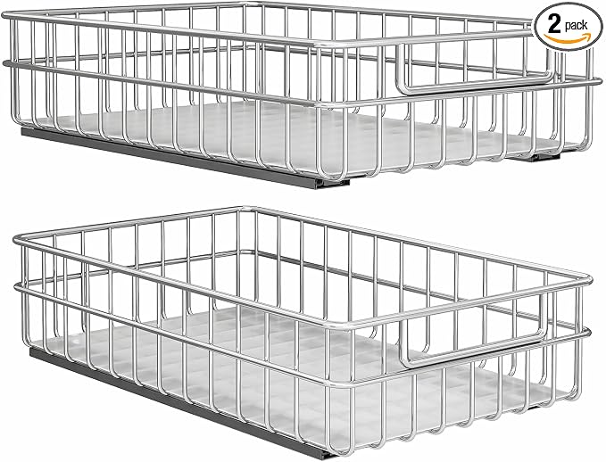 Pull out Cabinet Organizer, Stainless Steel 2-Pack (11.8"W x 21"D) Full-Extension Slide out Drawer, Adhesive Roll out Can Spice Storage Basket Shelf Rack for Pantry, Kitchen, Bathroom, Home Closet